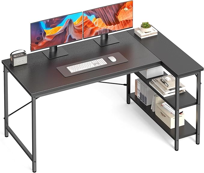 DUMOS L Shaped Desk 55 Inch Computer Desk Gaming Furniture Corner Desks Home Office PC Table with Reversible Storage Shelves for Writing Working Study Bedroom Dorm, Modern Black