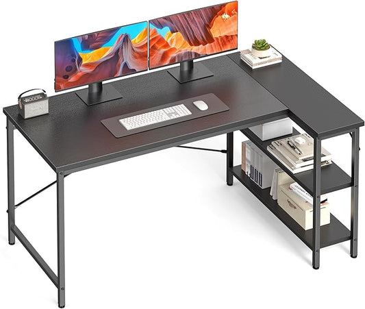 DUMOS L Shaped Desk 39 Inch Computer Desk Gaming Furniture Corner Desks Home Office PC Table with Reversible Storage Shelves for Writing Working Study Bedroom Dorm, Modern Black