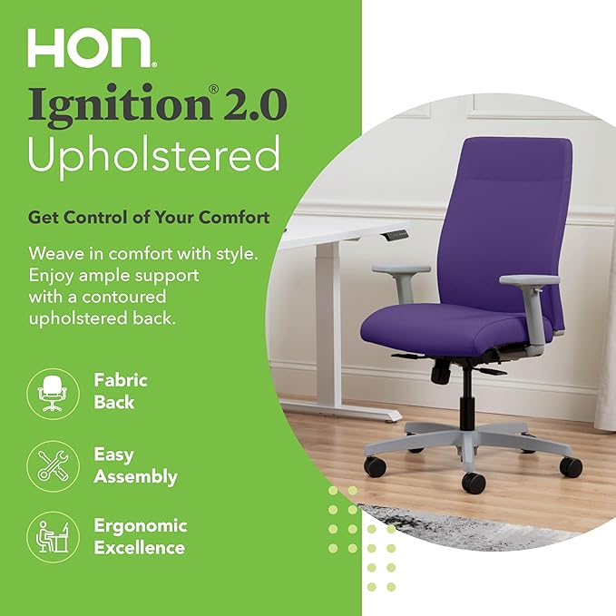 HON Ignition 2.0 Fabric Office Chair, Upholstered, Adjustable Arms, Standard Synchro-Tilt Recline Executive Ergonomic Office Chair, Titanium Frame, Iris