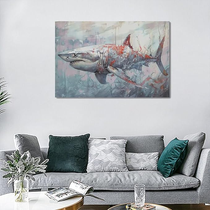 yerretin Ocean Shark Wall Art Nautical Shark Pictures Wall Decor Beach Coastal Undersea Canvas Painting Modern Artwork Home Decorations for Bathroom Bedroom Living Room Office Framed 24"x16"