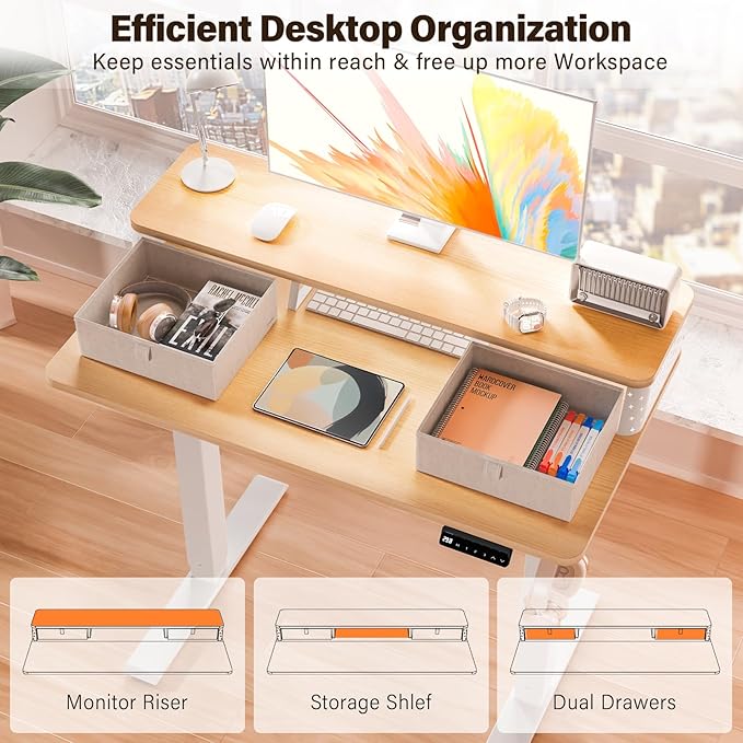 Kingant 35 x 20 Inch Small Electric Standing Desk with Dual Drawers, Height Adjustable Sit to Stand Computer Desk with Storage Shelf and C-Clamp Mount Compatibility for Home Office, Nature