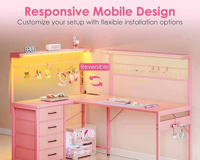 MOTPK 51” Large L Shaped Gaming Desk, Corner Computer Table with Shelf & Hutch, 4 Drawers, Reversible Study Desk with LED Light, Power Outlets & USB Ports, Home Office Table, Carbon Fiber Pink