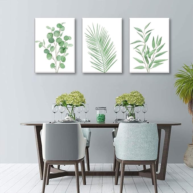 Bwodke Botanical Wall Art Plant Floral Watercolor Poster Canvas Prints Set of 3 Framed Sage Green Painting Eucalyptus Leaf Picture Modern Minimalist Home Decor Bedroom Bathroom Living Room 12"x16"