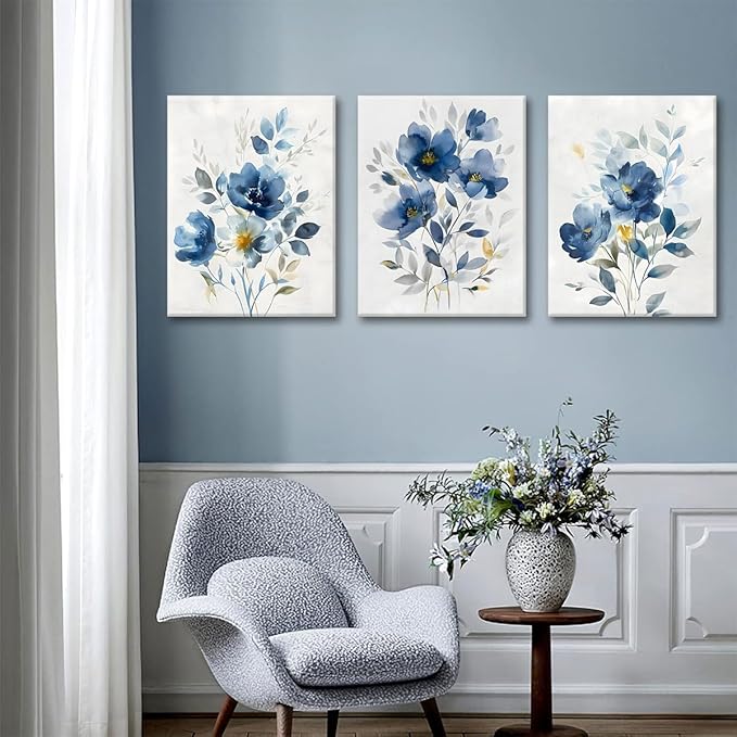 KISSFOX Framed Colorful Wildflower Blue Canvas Wall Art Set Of 3 Flowers Pictures Prints Flowers Printing Floral Watercolors Flower wall Decor Living Room Girls Bedroom Bathroom