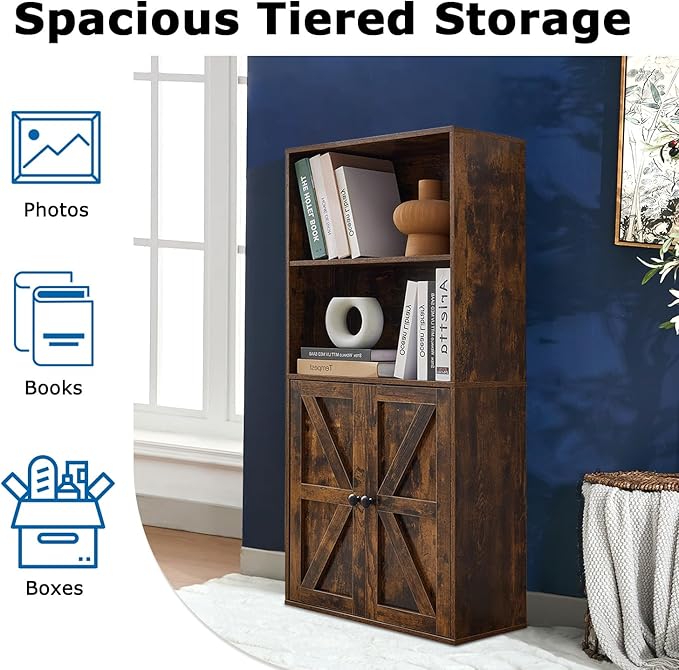 Bookshelves and Bookcases with Barn Doors Set of 2, Farmhouse Bookshelf with Display Shelves, Floor Standing 4-Tier Book Shelf with Storage Cabinet for Home Office, Living Room, Bedroom