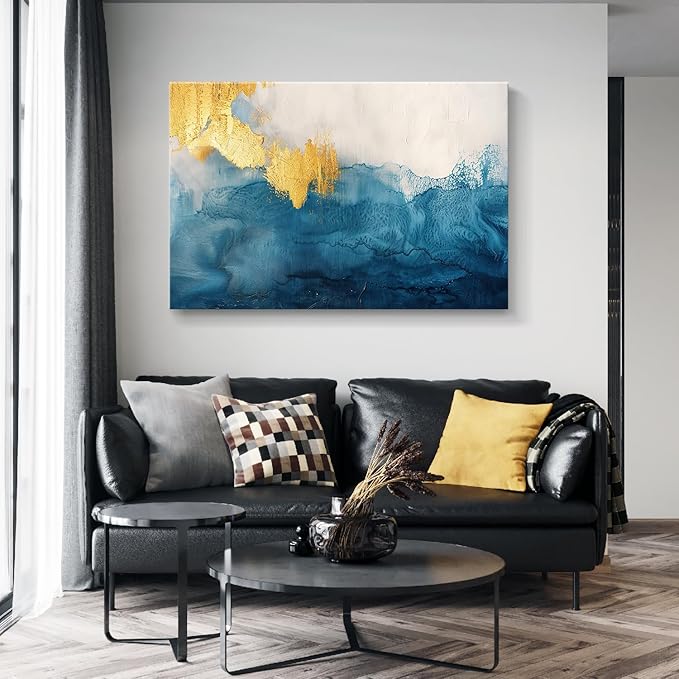gaosoul Modern Canvas Wall Art Blue Gold Leaf Abstract Painting Prints Minimalism White and Light Blue Tranquility Poster for Living Room Bedroom Office Decor Framed 48x32in