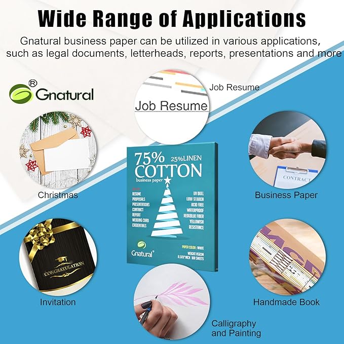 75% Cotton 25% Linen Business Paper, 85gsm 8.5”×11” Inkjet Printer Paper, Waterproof White Copy Paper -100 Sheets Printing Paper（Low Starch）