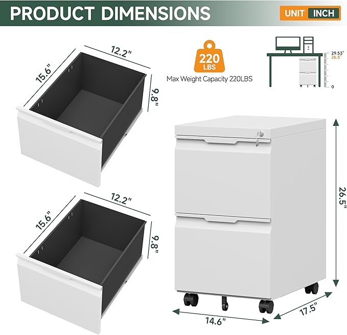 2 Drawer Metal Rolling File Cabinet with Lock, Under Desk Mobile Filing Cabinet for Home Office, Printer Stand with Casters Fits A4/Letter/Legal Size Documents, White
