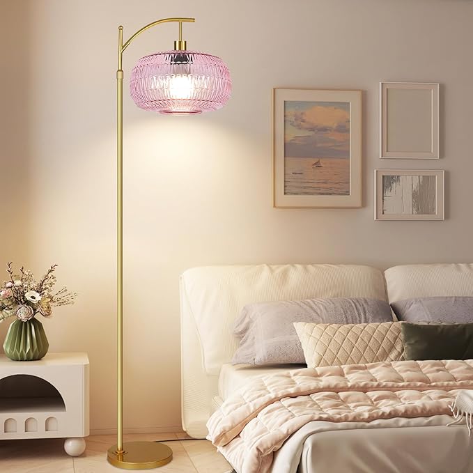 Pink Floor Lamp for Living Room,Bedroom,Gold Dimmable Standing Lamp with Remote,Mid Century Modern Brass Tall Lamp Boho Floor Lamps Arc Stained Glass Flower Floor Light Lamp Girls kids Bohemian