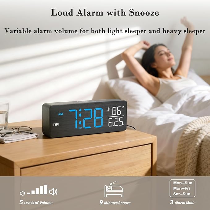 DreamSky Wooden Digital Alarm Clocks for Bedrooms – Large Display Desk Clock with Date & Day of Week for Living Room, Temperature, Dimmer, Adjustable Volume, Auto DST, Office Wood Décor (Plug-in)