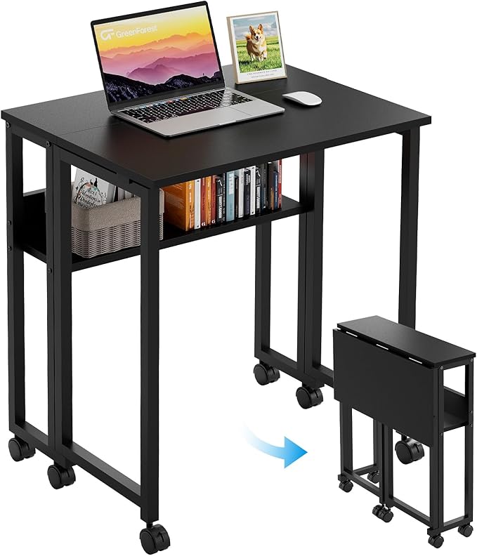 GreenForest Folding Desk Small Rolling Desk with Storage Shelf,24.8 inch Foldable Computer Desk with Wheels for Small Space,Easy Assembly,Black