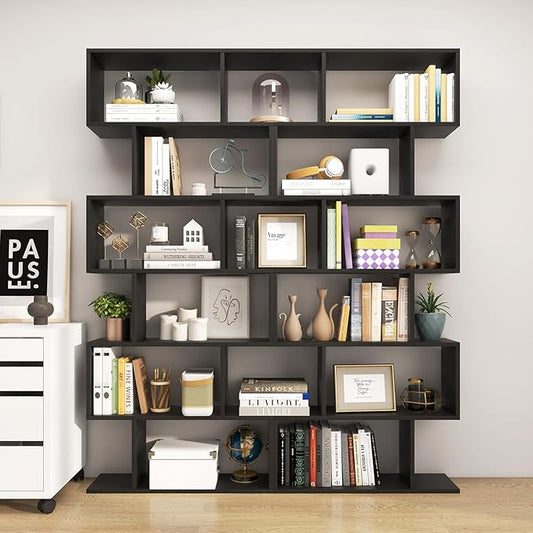 Tangkula 6 Tier S Shaped Bookshelf, 31.5''L x 9''W x 75''H, Wooden Bookcase and Bookshelves w/Anti-Toppling Device, Room Divider Display Shelves for Living Room, Home Decor, 6 Shelf Bookshelf