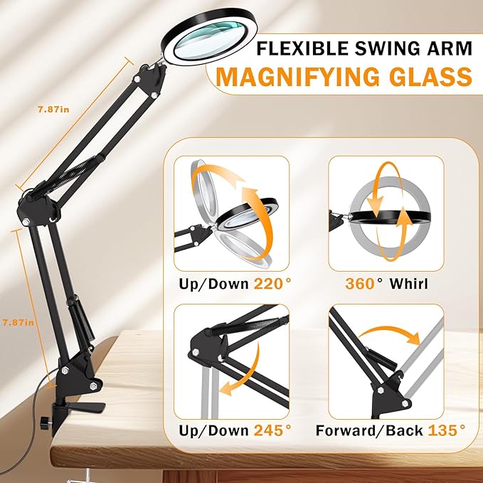 10X Magnifying Glass with Light and Clamp, Hands Free Magnifier with Lights, 3 Color Modes LED Dimmable Magnifiers Desk Lamp for Close Work Crafts Hobby Reading Painting Repair