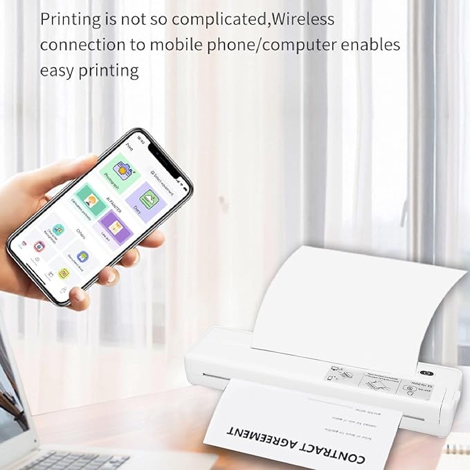 Marhynchus A4 Thermal Printer, Portable Inkless BT Printer with 203DPI High Resolution and 1800mAh Battery, for Office Car Home Use