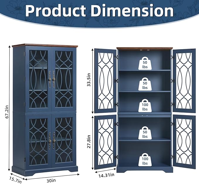 67" Tall Bookshelf, Rustic Book Shelf w/Vintage Pattern Tempered Glass Doors, 5-Tier Wood Bookcase with Adjustable Storage Shelves, Retro Curio Display Cabinet for Living Room, Navy Blue