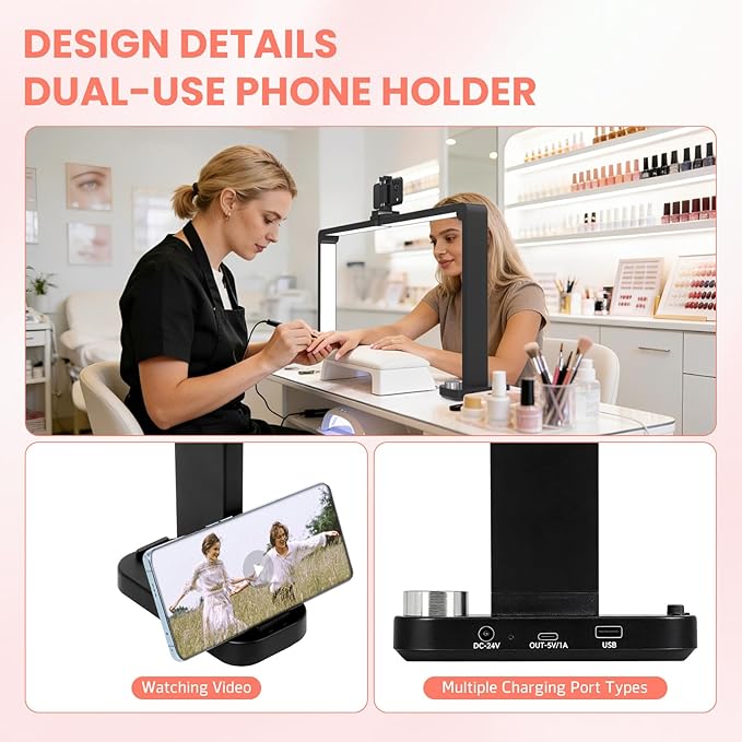 Half Moon Light for Nail Desk with Phone Holder, Large Square Nail Lamp for Desk, Professional Manicurist Desktop Lamp, LED Light Suitable for Manicures, Tattoos, and Sewing, Black