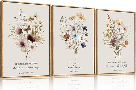Ausril Boho Christian Floral Scripture Wall Art Set of 3, Bible Verse Flower Painting, Religious wildflower Artwork for Living Room, Bedroom, Fireplace, Modern Botanical for Home Decor- 16"X24"X3