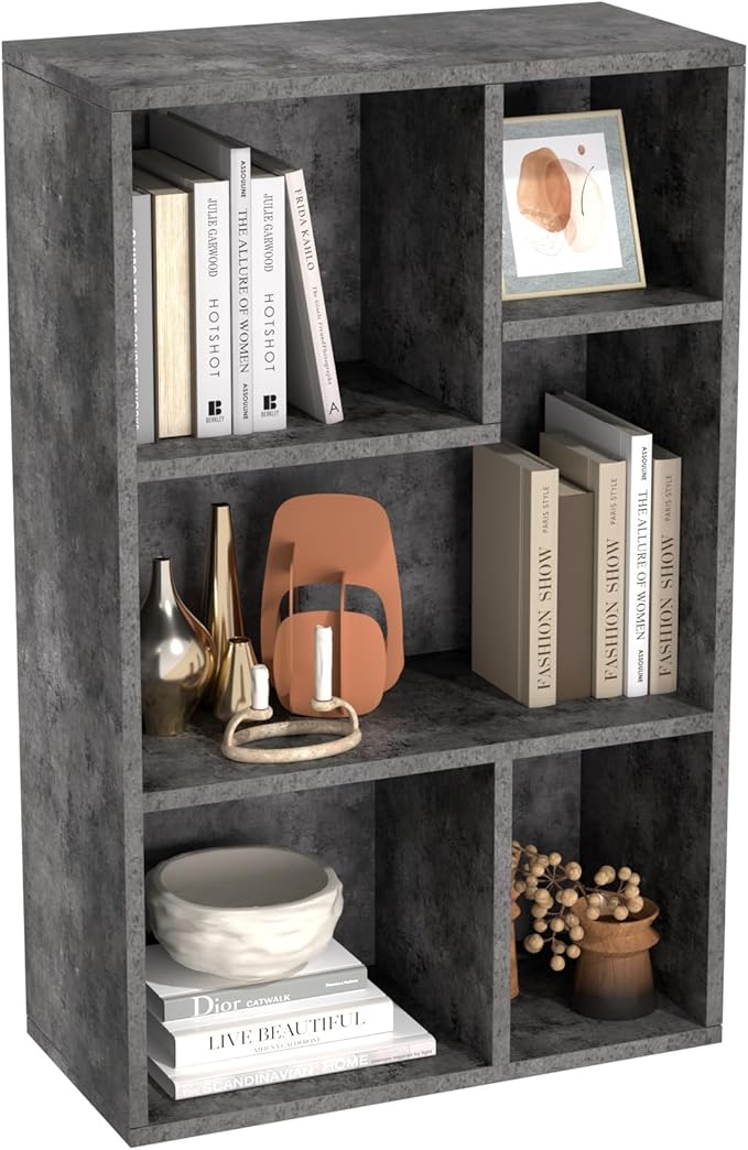 VECELO 5 Cube Modern Bookcases, 3 Tier Bookshelves, 31 Inch High Cubby Storage Organizer, Shelf Hight Up to 12.8 Inches Suit for Most Books, Vertical or Horizontal Use Available,Grey