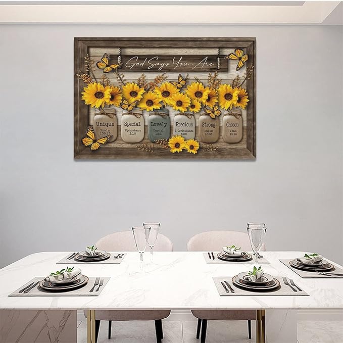 Christian Sunflower Wall Art Rustic Sunflower Butterfly Pictures Wall Decor Country Bible Verse Canvas Painting Modern Home Artwork Decoration for Bathroom Living Room Bedroom Office Framed 24"x16"