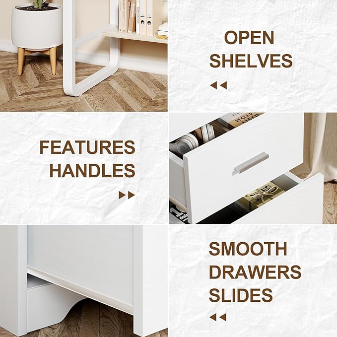 White Desk with Drawers, 47 Inch Computer Desk with 3 Drawers for Bedroom, Study Desk with Drawers for Small Spaces, Bottom Shelves