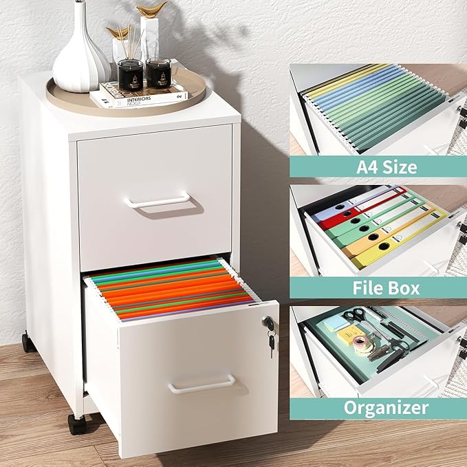 2 Drawer File Cabinet with Wheels, Metal Mobile Filing Cabinets with Lock, Vertical File Cabinet for Home Office, Rolling Storage Cabinet for A4/Letter/Legal Size File, Assembly Required, White