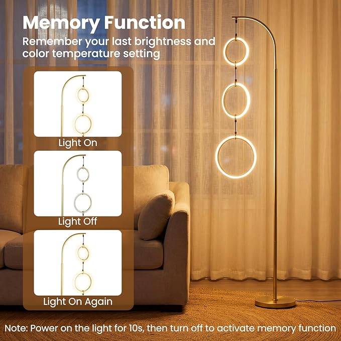 Giantex 71'' Modern 3-Ring LED Floor Lamp, Dimmable Standing Lamp with Foot Switch, 3 Color Temperatures Tall Contemporary Light for Living Room, Bedroom, Office, Gold