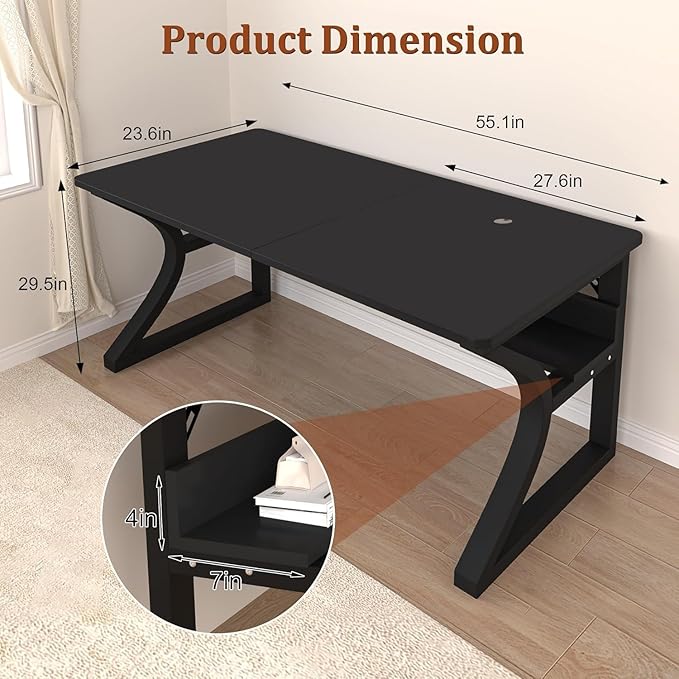 55 inch Computer Desk, Office Desk w/Storage Shelf & Cable Management, Work Table w/Sturdy U-Shaped Metal Frame & Deeper Desktop, Study Writing Desk for Home Office Bedroom (Black, 55inch)