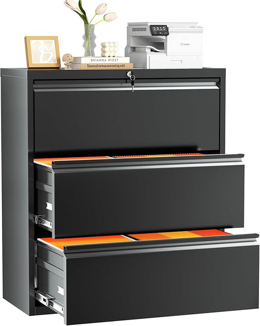 INTERGREAT 3 Drawer Lateral File Cabinet with Lock, 28" W Lateral Filing Cabinet for Legal/Letter A4 Size, Locking File Cabinets for Home Office, Assembly Require, Black