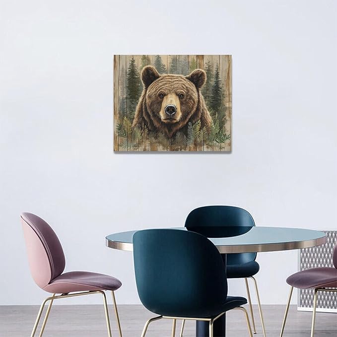 Farmhouse Bear Wall Art Rustic Forest Pictures Decor Woodland Wildlife Painting Canvas Print Modern Home Decoration Artwork for Living Room Bathroom Bedroom Office Framed 20"x16"