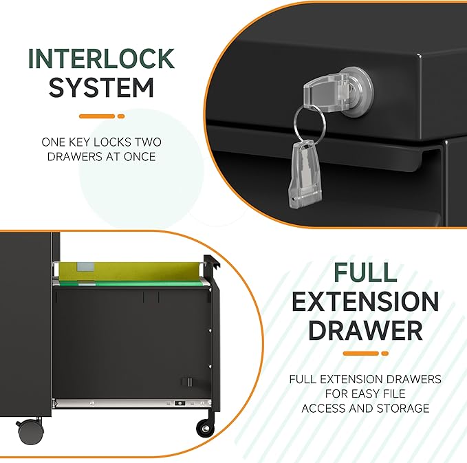 2 Drawer Metal Rolling File Cabinet with Lock, Under Desk Mobile Filing Cabinet for Home Office, Printer Stand with Casters Fits A4/Letter/Legal Size Documents, Black