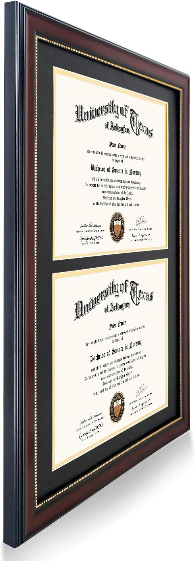 GraduationMall 14x20 Double Diploma Frame, Display 8.5x11 Certificate with Black over Gold Mat,Tempered Glass,Mahogany with Gold Beads