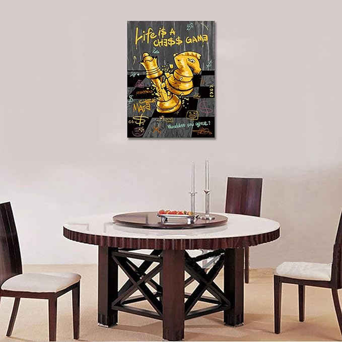 Motivational Wall Art, Abstract Chess Painting Positive Canvas Print LIFE IS A CHESS GAME Quotes Wall Decor Inspirational Poster Black Gold Office Picture Artwork Modern Home Decoration,18"x24" Framed