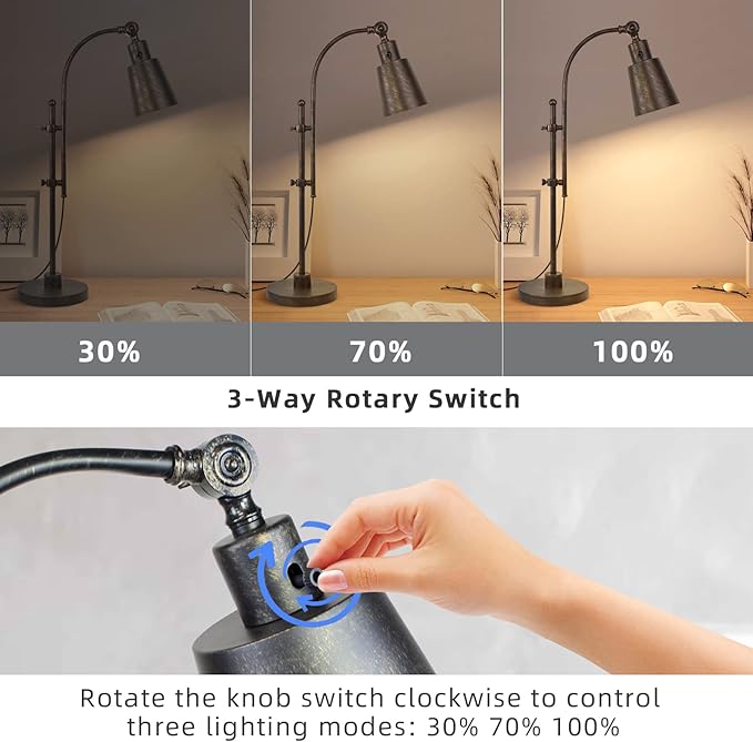 Metal Desk Lamp Rustic Task Lamp Black Adjustable, Industrial Style Lamp with On/Off Switch, Vintage Work Reading Lamp for Bedroom, Study Room &Office, ETL Certificate. (Black)