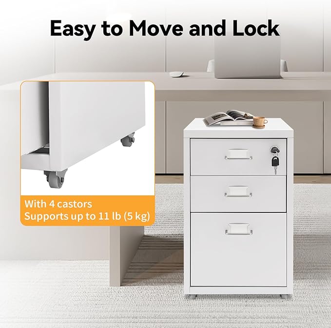 3 Drawer File Cabinet, Lockable Small Filing Cabinet for Home Office, with Wheels, Fits A4 / Letter Size, Steel Office File Cabinets (White)