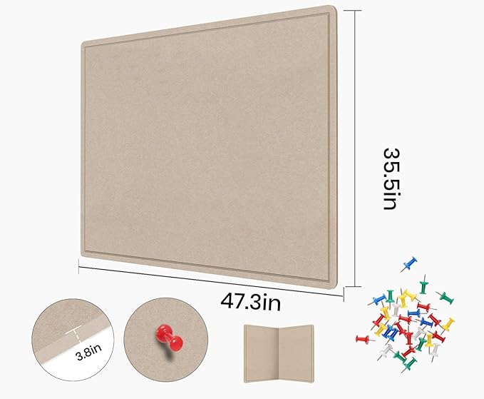 Large Bulletin Board, 48 X 36 inches Felt Board Notice Pin Board, 4' x 3'Cork Board Alternative for Wall, Self-Adhesive Vision Board Mood Board Foldable Photo Board with 30 Pushpin (Beige Brown)