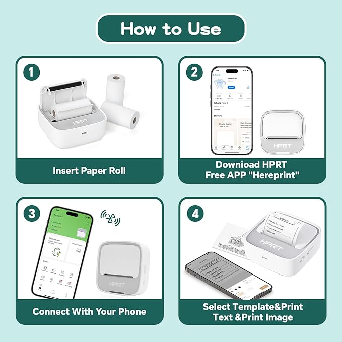 HPRT S1 Bluetooth Thermal Label Printer, Portable Mini Inkless Sticker Maker with 1 Roll Paper, Compatible with iPhone & Android, for Home, School, Office, Travel, Kids. Free App with Templates