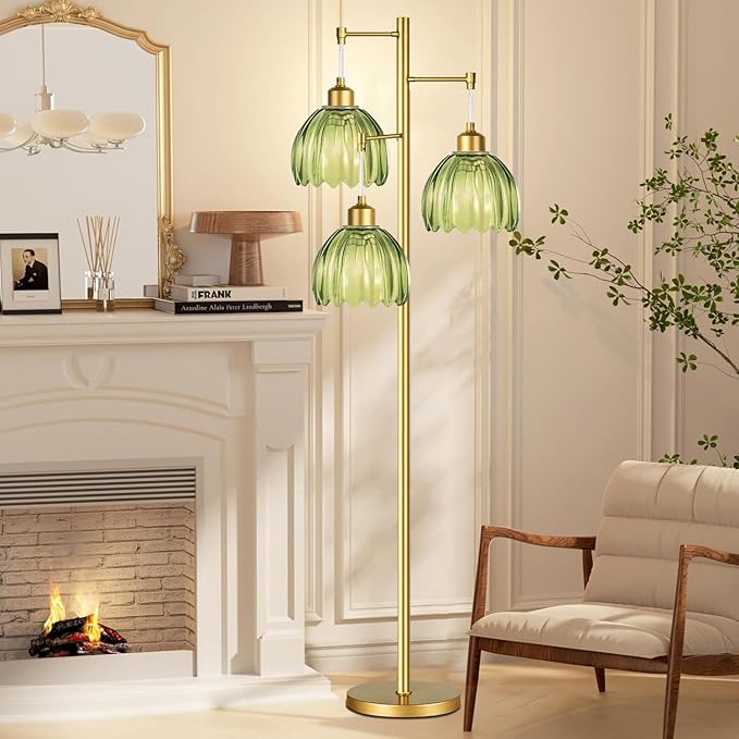 Glass Floor Lamp for Living Room,Bedroom,Gold Mid Century Modern Standing Lamp Brass Tree 3 Light Tall Floor Lamps Vintage Floor Lights Green Tulip Flower Lamp Shade Farmhouse Boho Bohemian