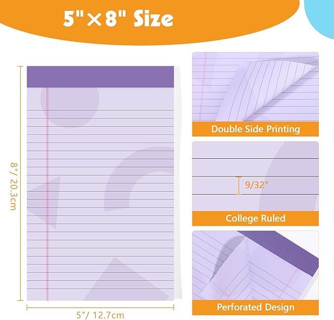 Thboxes 5 Pack Note Pad 5x8, 200 Sheets Colored Notepad Perforated Small Notepad College Ruled Writing Pad for To-Do Lists Grocery List Shopping List, 40 Sheets(Purple, Pink, Blue, Yellow, Orange)
