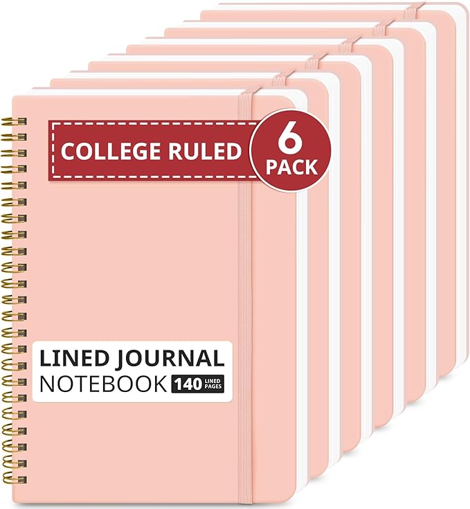 Taja Lined Spiral Journal Notebook for Women & Men, 140 Pages, College Ruled Hardcover Notebook for Work & Note Taking, Journals for Writing, A5(5.7" x 7.9") -Pink, 6 Pack