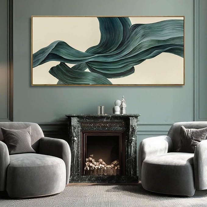 Large Abstract Canvas Wall Art 32x70 Inch, Dark Green Framed Canvas Wall Art, Modern Horizontal Printed Wall Art with Wooden Frame for Living Room Home Decor