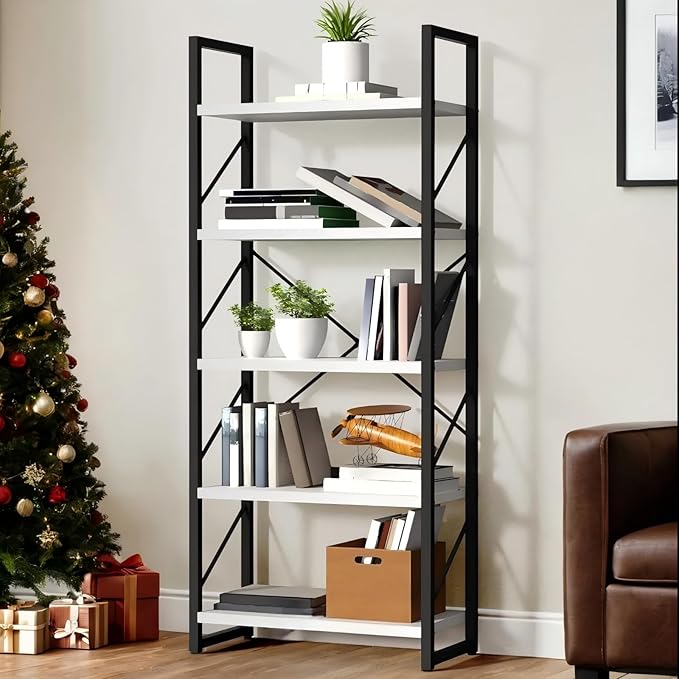 YITAHOME 5 Tiers Bookshelf, Classically Modern White Bookshelf, Book Rack, Storage Rack Shelves in Living Room/Home/Office, Books Holder Organizer for Books/Movies, Black & White