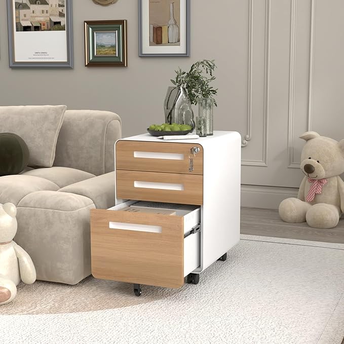 Garvee 3 Drawer File Cabinet with Lock, Under Desk Mobile Metal Filing Cabinet for Home Office, 5 Wheel Anti-Tilt Rolling File Cabinets for A4/Letter/Legal Size, Fully Assembled