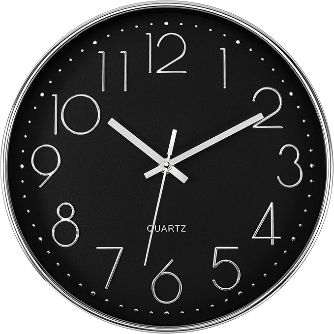 Foxtop Silver Wall Clock Silent Non-Ticking Battery Operated Round Modern Wall Clock for Office School Home Living Room Bedroom Bathroom Kitchen Decor (12 Inch, Black Dial)