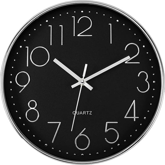 Foxtop Silver Wall Clock Silent Non-Ticking Battery Operated Round Modern Wall Clock for Office School Home Living Room Bedroom Bathroom Kitchen Decor (12 Inch, Black Dial)