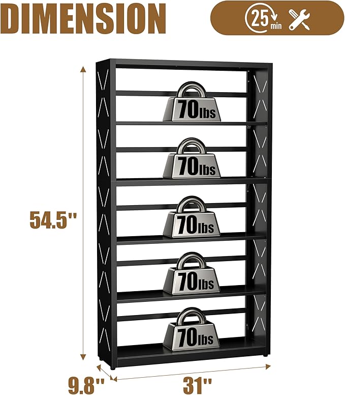 5 Tier Bookshelf, 55"Tall Metal Bookcase with Adjustable Shelves, Modern Display Book Shelf, Black Bookcase Shelf, Utility Shelf, Storage Shelves for Office, Living Room, Kitchen, Study-31"W
