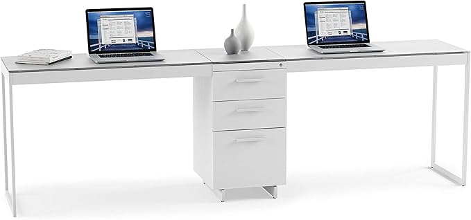 BDI Furniture Centro 6414 Locking 3-Drawer File Cabinet for Home or Office with Letter or Legal-Sized File Drawer and 2 Supply Drawers, Satin-Etched Tempered Glass Top, Satin White