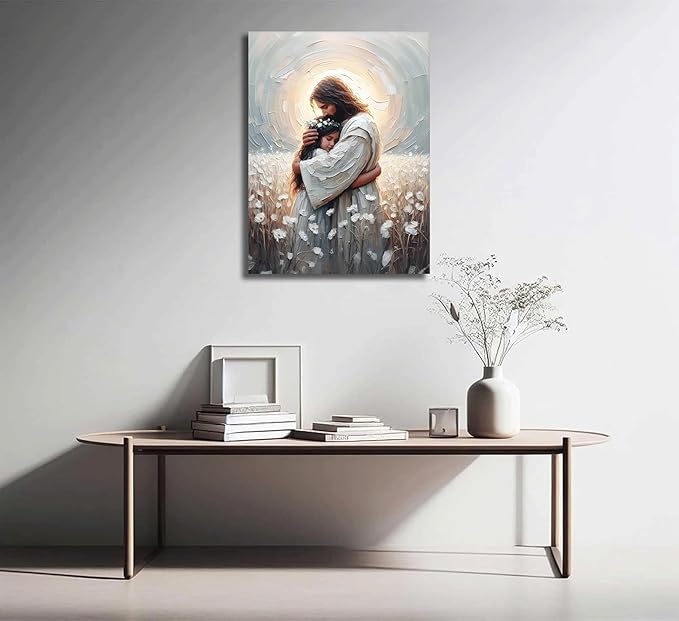 Christian Canvas Wall Art -His Love- Jesus Hugging Girl Painting Safe Haven Posters Bible Prints Jesus Picture Jesus with Children Wall Decor framed