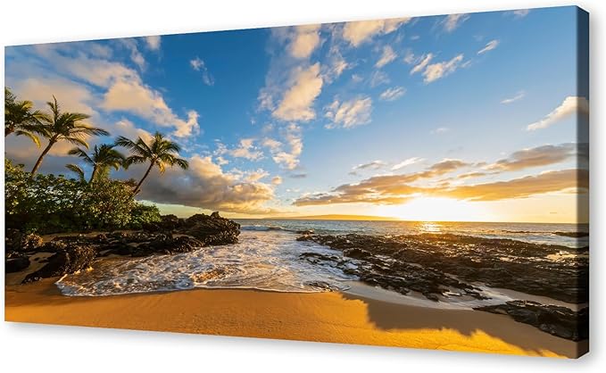 DZL Art S75498 Large Beach wall art Secret Beach at sunset, Maui, Hawaii Canvas Wall Art For Living Room Decoration Nature Picture Canvas Prints Painting for for Office Wall Decor Home Decorations