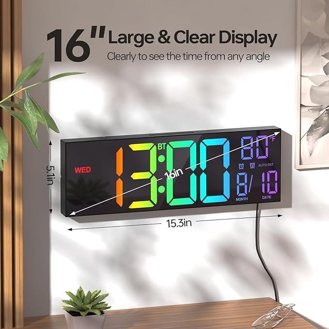 JALL 16.2" Large Digital Wall Clock with Bluetooth Sync, RGB Digital Clock Large Display with Auto DST, Wall Clock for Classroom Bedroom Gym Office, Led Clock for Seniors (Black)
