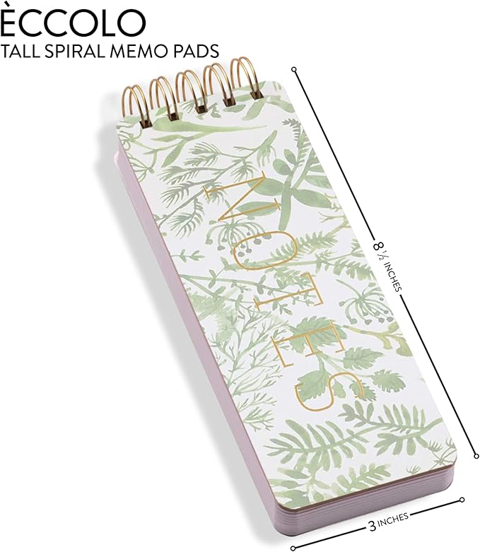 WORLD TRAVELER Eccolo Tall Spiral Memo Pad, 300 Pages, 150 Sheets, Double Spiral Binding, Office Essentials for Work, List Notepad for Students, Class and Shopping, Botanicals (Green, 3x8.5 inches)